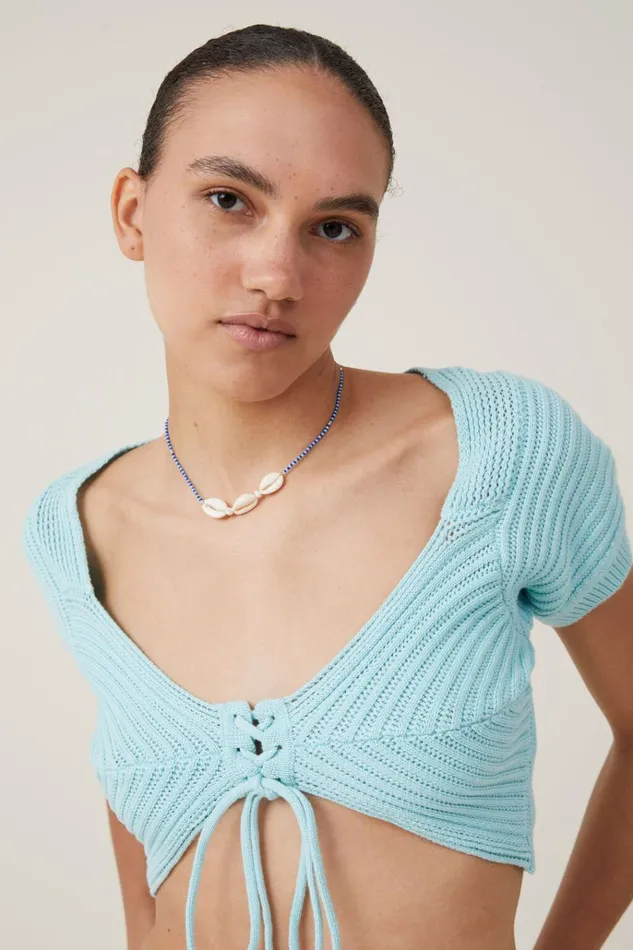 Women Tops Cotton On Carnival Tie Front Knit Sea Spray