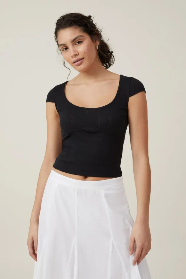 Women Tops Cotton On Darcie Scoop Neck Short Sleeve Top Black