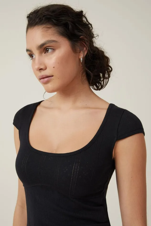 Women Tops Cotton On Darcie Scoop Neck Short Sleeve Top Black