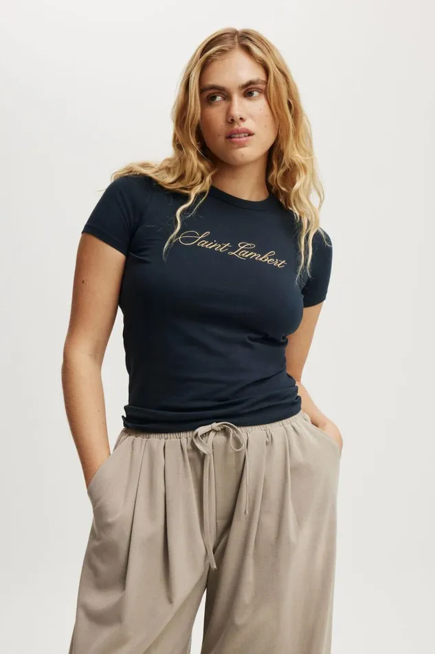 Women Tops Cotton On Fitted Graphic Longline Tee Saint Lambertink Navy
