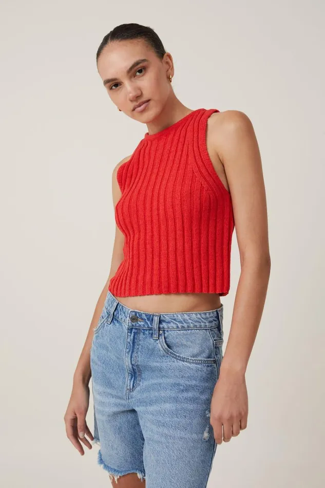 Women Tops Cotton On Float Your Boat Rib Knit Tank Racer Red