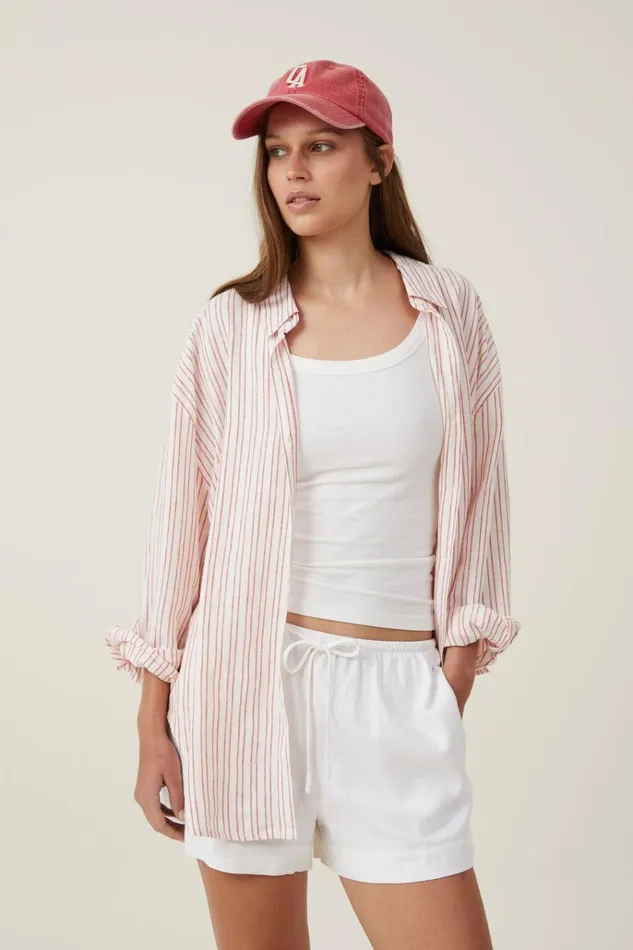 Women Tops Cotton On Haven Long Sleeve Shirt Jacqui Stripe Red Vertical