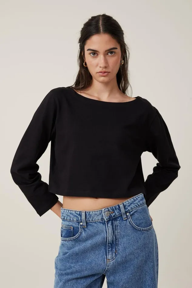 Women Tops Cotton On Jordyn Boat Neck Chopped Long Sleeve Top Black
