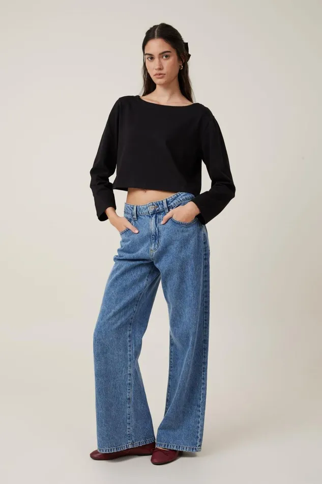 Women Tops Cotton On Jordyn Boat Neck Chopped Long Sleeve Top Black