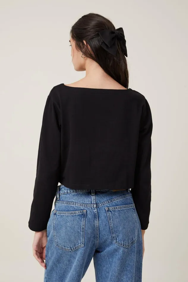 Women Tops Cotton On Jordyn Boat Neck Chopped Long Sleeve Top Black