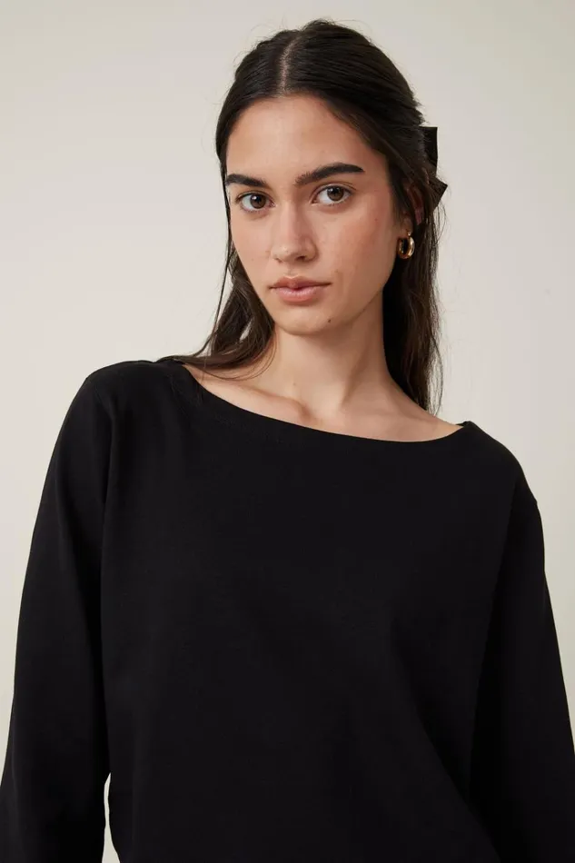 Women Tops Cotton On Jordyn Boat Neck Chopped Long Sleeve Top Black