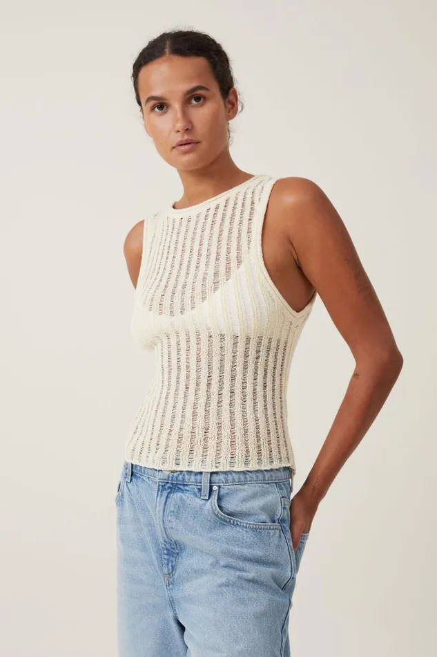 Women Tops Cotton On Ladder Knit Boatneck Tank Ecru