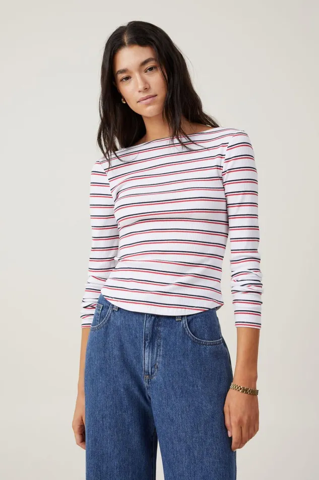 Women Tops Cotton On Margot Boat Neck Long Sleeve Top Dee Stripe Nautical