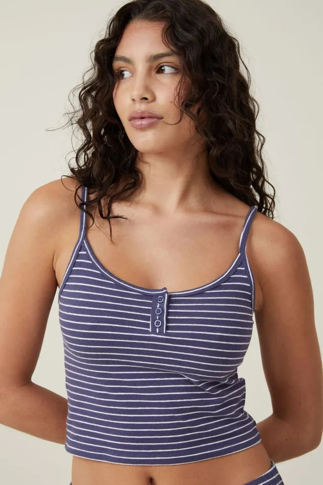 Women Tops Cotton On Peached Jersey Henley Cami Midnight Rain Stripe