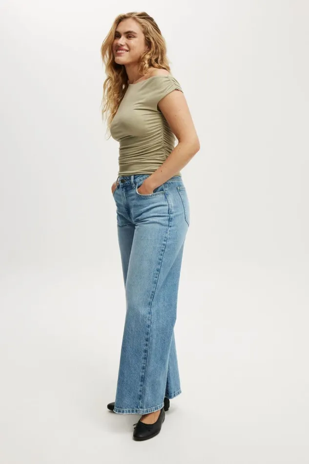 Women Tops Cotton On Staple Rib Rouched Short Sleeve Top Desert Sage