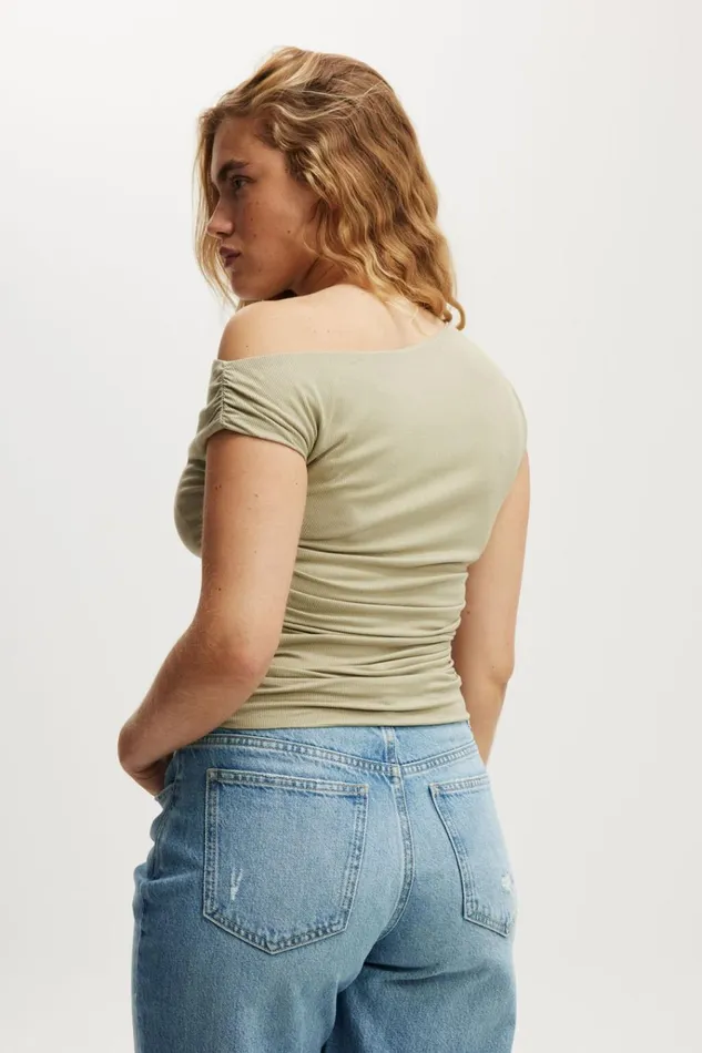Women Tops Cotton On Staple Rib Rouched Short Sleeve Top Desert Sage