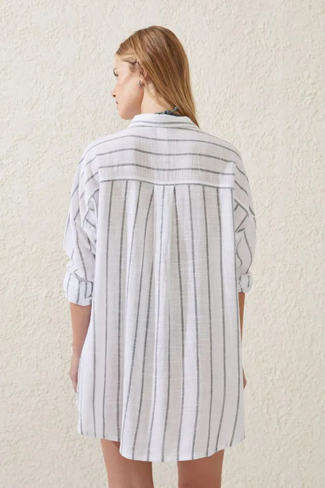 Women Tops Cotton On Swing Beach Shirt Faded Khaki Stripe