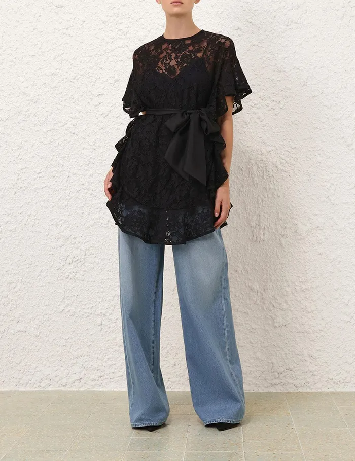 Women Tops Zimmermann Crush Lace Frill Tunic Black