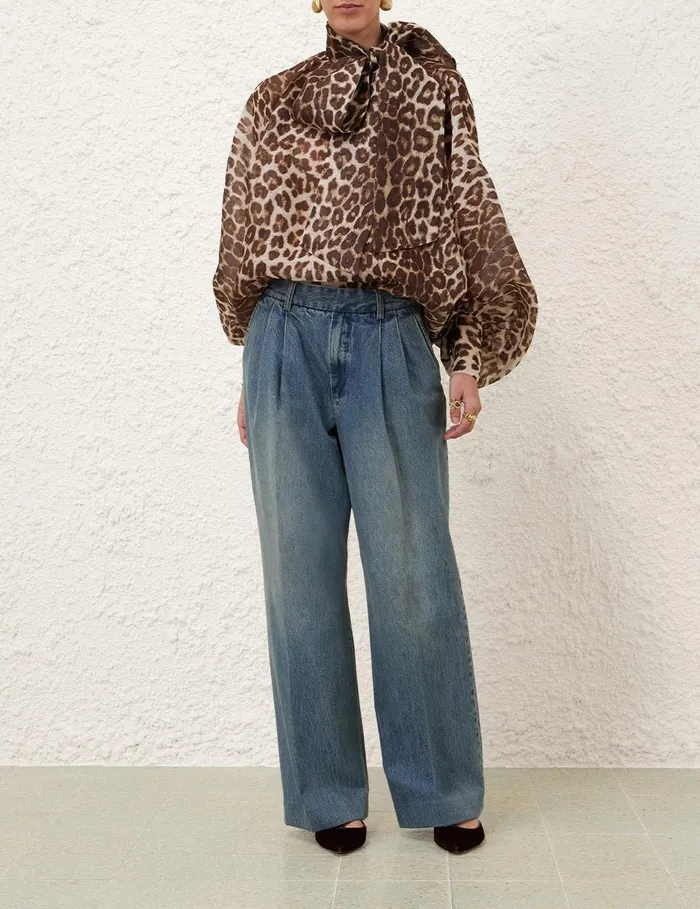 Women Tops Zimmermann Illustration Billow Blouse Chocolate Leopard