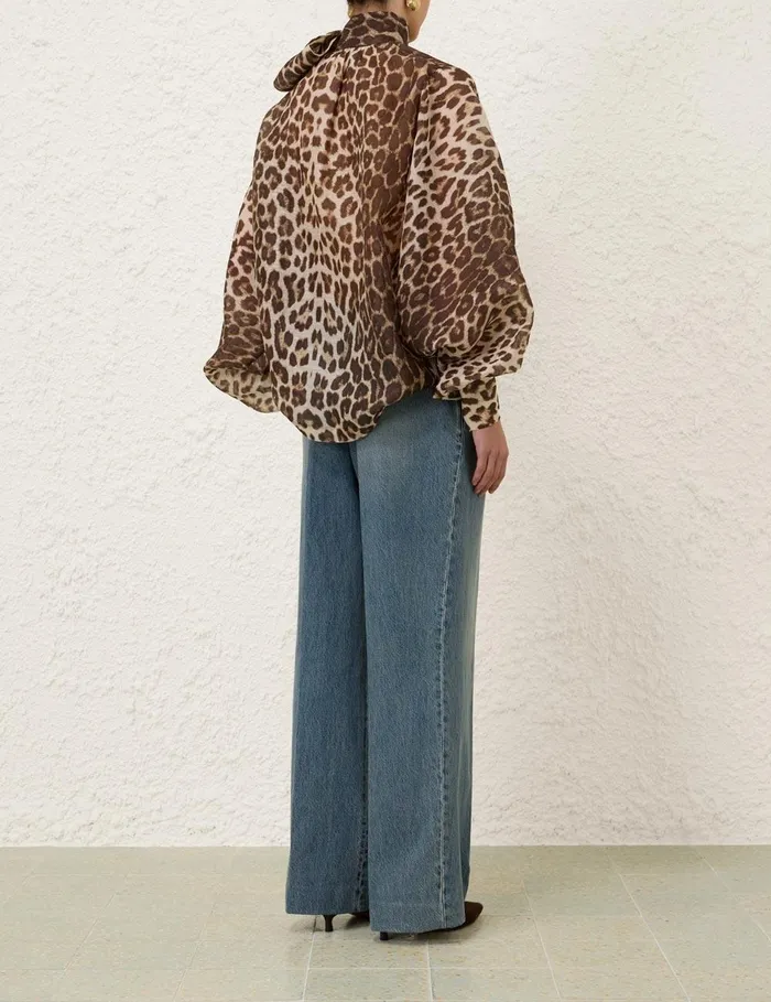 Women Tops Zimmermann Illustration Billow Blouse Chocolate Leopard