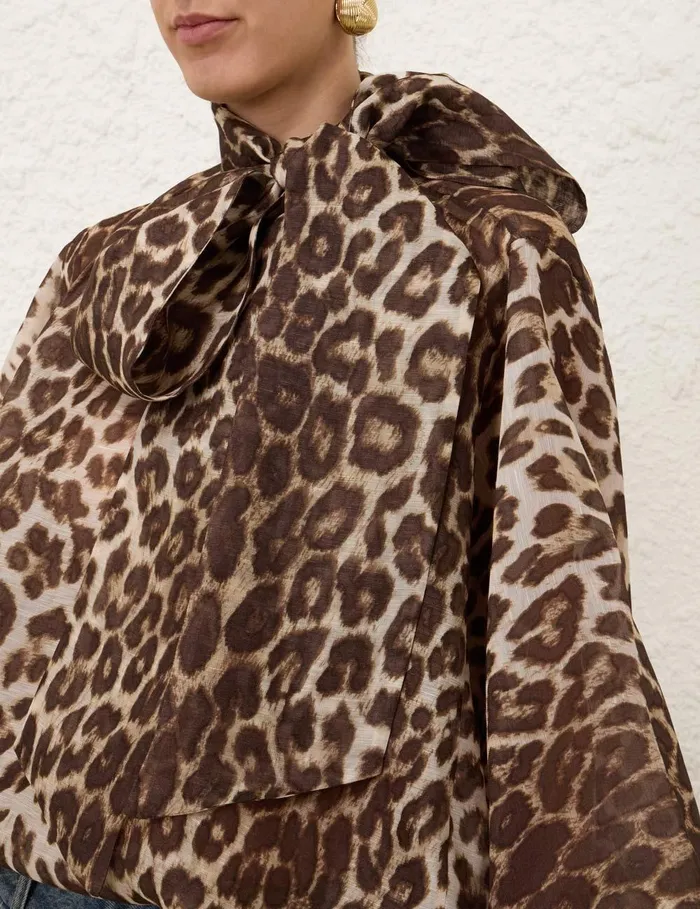 Women Tops Zimmermann Illustration Billow Blouse Chocolate Leopard