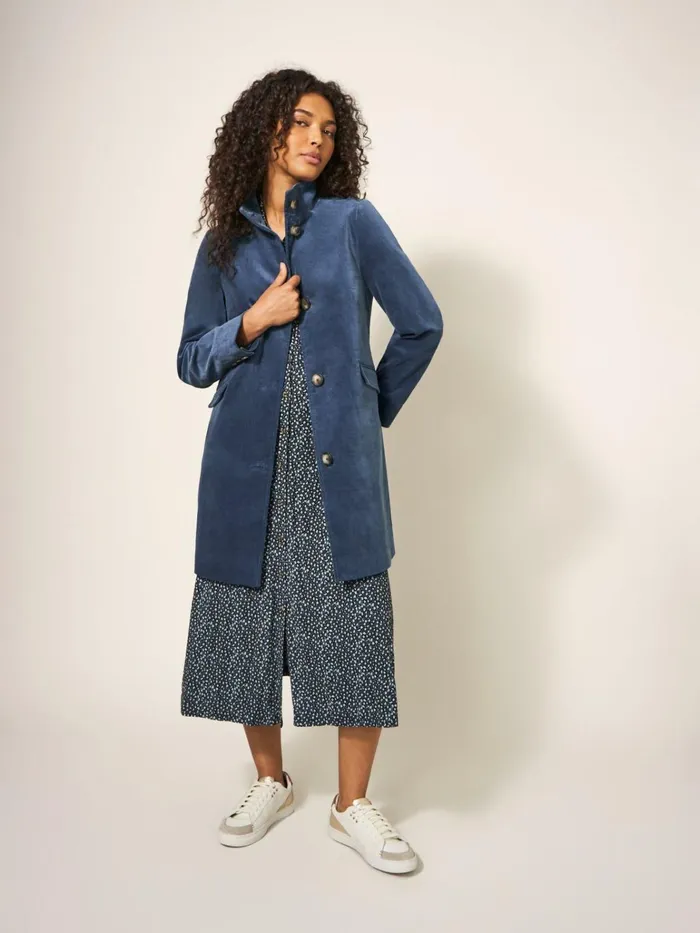 Women White Stuff Petite Clothing Karla Smart Velvet Coat Dusty Blue