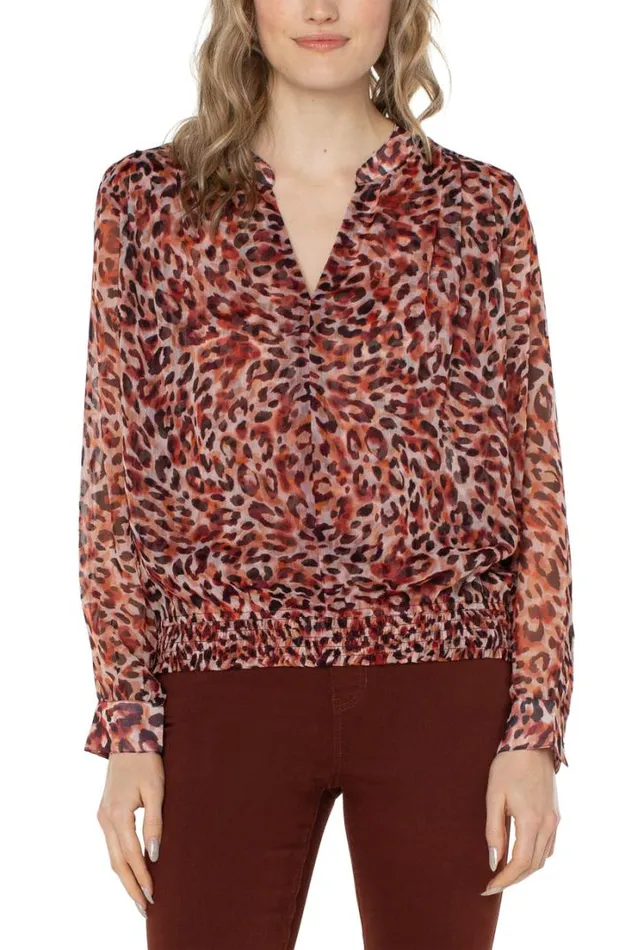 WOVEN TOPS Women Liverpool Los Angeles LONG SLEEVE BLOUSE WITH SMOCKED WAISTBAND Watercolor Cheetah Print WOVEN TOPS Women Liverpool Los Angeles LONG SLEEVE BLOUSE WITH SMOCKED WAISTBAND Watercolor Cheetah Print