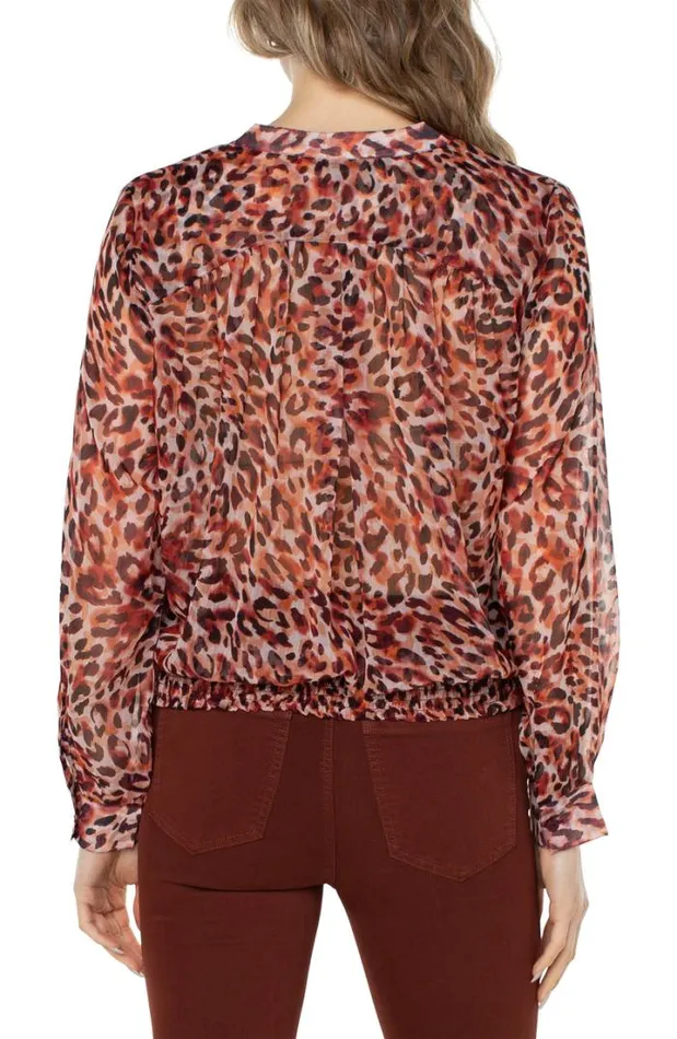 WOVEN TOPS Women Liverpool Los Angeles LONG SLEEVE BLOUSE WITH SMOCKED WAISTBAND Watercolor Cheetah Print