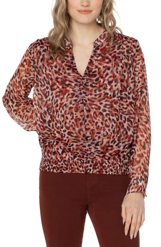 WOVEN TOPS Women Liverpool Los Angeles LONG SLEEVE BLOUSE WITH SMOCKED WAISTBAND Watercolor Cheetah Print