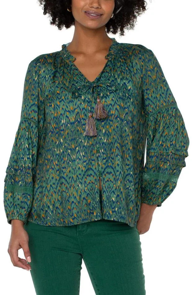 WOVEN TOPS Women Liverpool Los Angeles TIE FRONT POPOVER SHIRRED BLOUSE Emerald Ikat Print WOVEN TOPS Women Liverpool Los Angeles TIE FRONT POPOVER SHIRRED BLOUSE Emerald Ikat Print