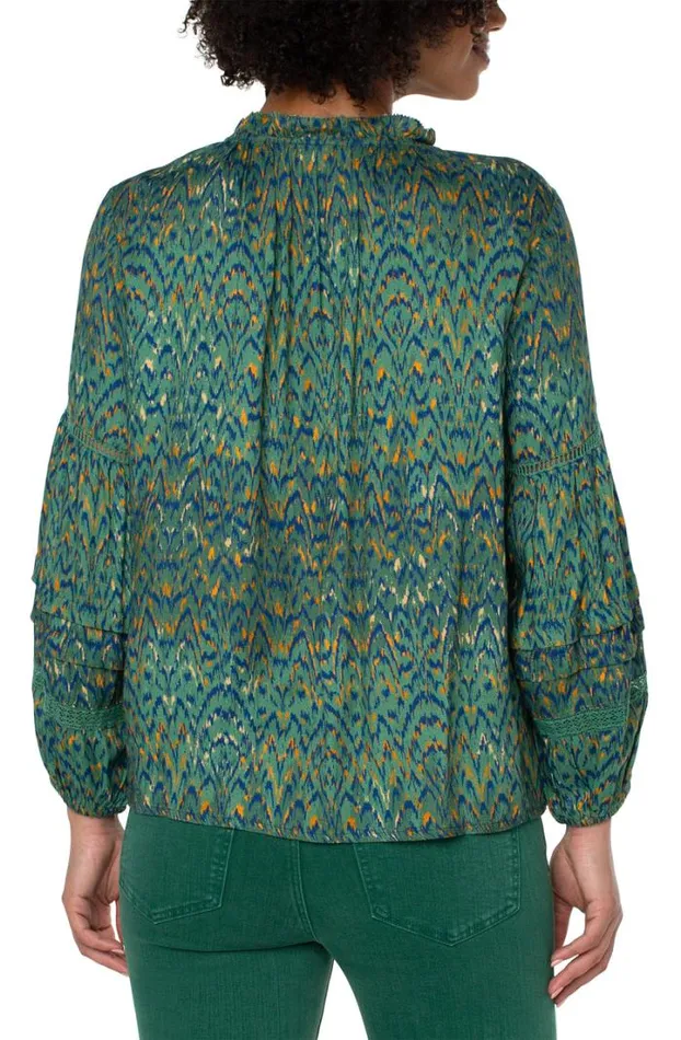 WOVEN TOPS Women Liverpool Los Angeles TIE FRONT POPOVER SHIRRED BLOUSE Emerald Ikat Print