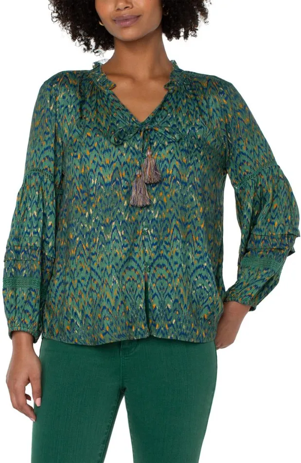 WOVEN TOPS Women Liverpool Los Angeles TIE FRONT POPOVER SHIRRED BLOUSE Emerald Ikat Print